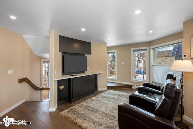 1741 W 15th Ave, Anchorage, AK 99501 - living area featuring recessed lighting, baseboards, baseboard heating, and dark wood-style flooring