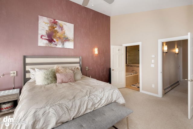 1741 W 15th Ave, Anchorage, AK 99501 - bedroom with baseboards, a baseboard heating unit, connected bathroom, a high ceiling, and carpet