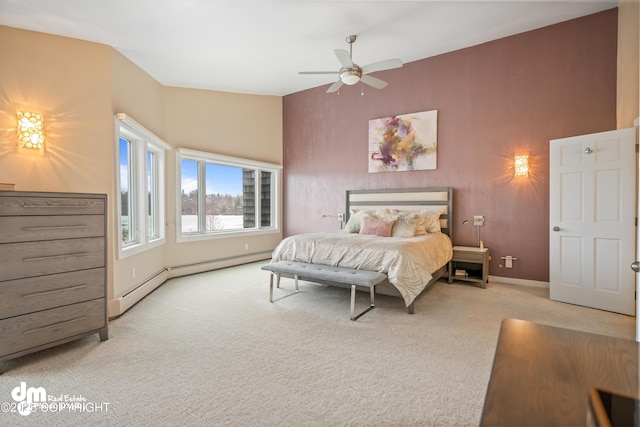 1741 W 15th Ave, Anchorage, AK 99501 - carpeted bedroom with baseboards, a baseboard radiator, and a ceiling fan