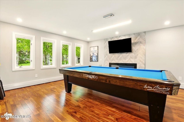 4200 Endeavor Cir, Anchorage, AK 99515 - rec room featuring billiards, baseboards, recessed lighting, a fireplace, and wood finished floors
