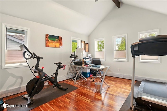 4200 Endeavor Cir, Anchorage, AK 99515 - exercise room featuring wood finished floors, baseboards, and lofted ceiling