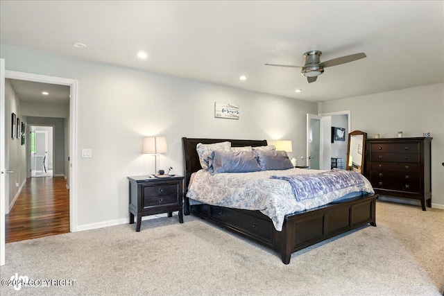 4200 Endeavor Cir, Anchorage, AK 99515 - bedroom featuring light carpet, recessed lighting, baseboards, and a ceiling fan