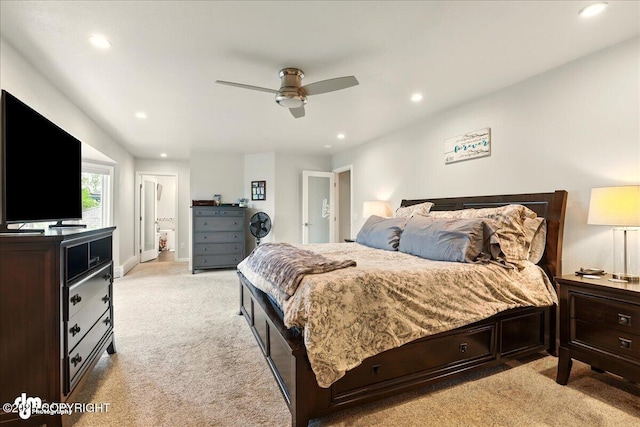 4200 Endeavor Cir, Anchorage, AK 99515 - bedroom featuring light carpet, recessed lighting, ensuite bath, ceiling fan, and baseboards