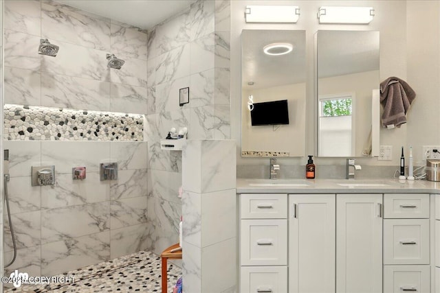 4200 Endeavor Cir, Anchorage, AK 99515 - bathroom featuring a marble finish shower and double vanity