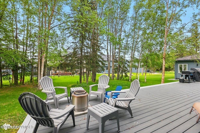 4200 Endeavor Cir, Anchorage, AK 99515 - wooden terrace with an outdoor fire pit, a lawn, and a grill