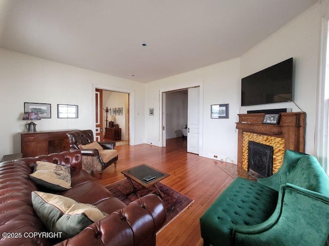 1 Fort Seward Dr, Haines, AK 99827 - living room with a fireplace with flush hearth, wood finished floors, and baseboards