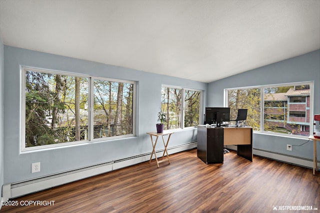 office area featuring a baseboard radiator, lofted ceiling, wood finished floors, and baseboard heating