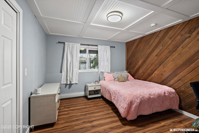 bedroom featuring baseboards, dark wood-style flooring, and a baseboard heating unit