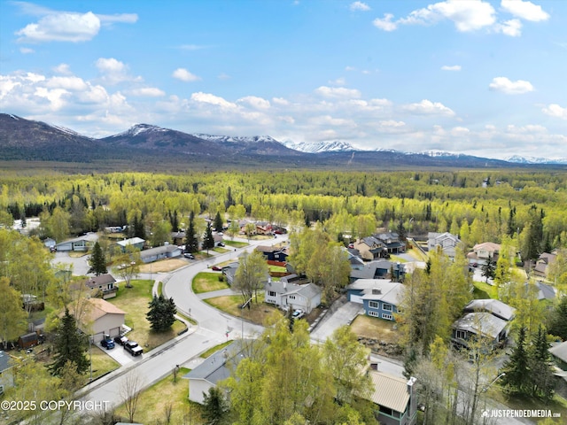 aerial view of residential area featuring mountains and a heavily wooded area