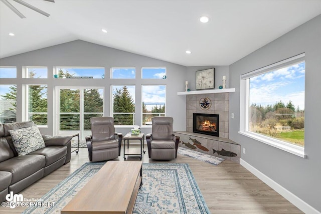 885 Soundview Ave, Homer, AK 99603 - living area featuring baseboards, vaulted ceiling, wood finished floors, and a fireplace