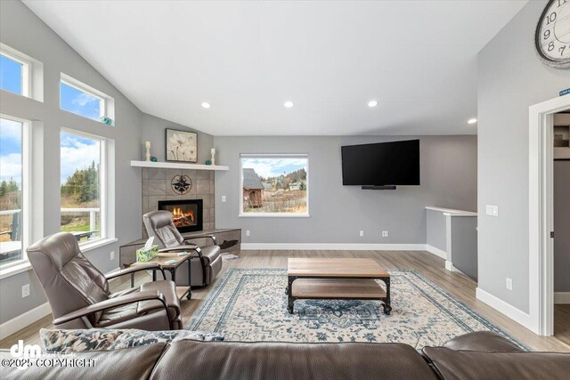 885 Soundview Ave, Homer, AK 99603 - living area with baseboards, recessed lighting, wood finished floors, and a fireplace