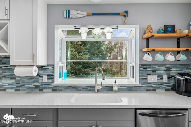 885 Soundview Ave, Homer, AK 99603 - kitchen featuring gray cabinetry, open shelves, stainless steel dishwasher, and a sink