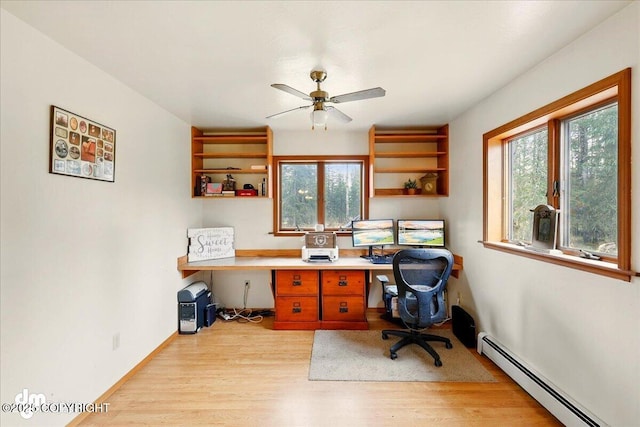 office featuring a baseboard radiator, plenty of natural light, a ceiling fan, and light wood-style floors