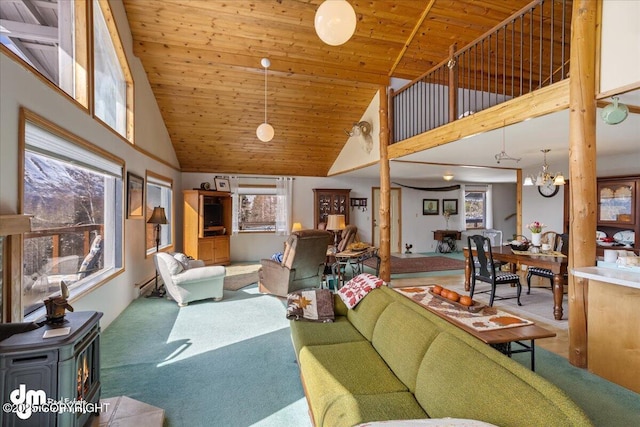 3669 Pullen Cir, Eagle River, AK 99577 - carpeted living area featuring high vaulted ceiling, plenty of natural light, a wood stove, a chandelier, and wooden ceiling