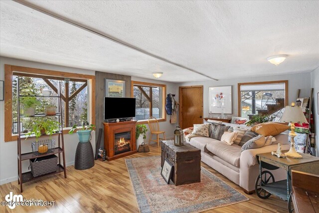 3669 Pullen Cir, Eagle River, AK 99577 - living area with a textured ceiling, a glass covered fireplace, light wood-type flooring, and baseboards