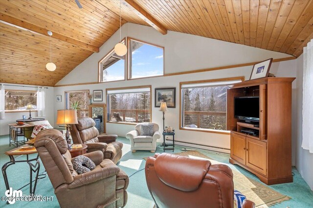 3669 Pullen Cir, Eagle River, AK 99577 - living room with light colored carpet, baseboard heating, wood ceiling with exposed beams, and high vaulted ceiling
