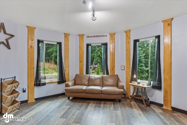 10912 Wolf Trail Cir, Seward, AK 99664 - sitting room with wood finished floors and decorative columns