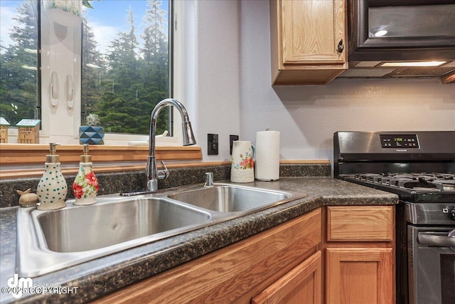 10912 Wolf Trail Cir, Seward, AK 99664 - kitchen with stainless steel range with gas cooktop and dark countertops