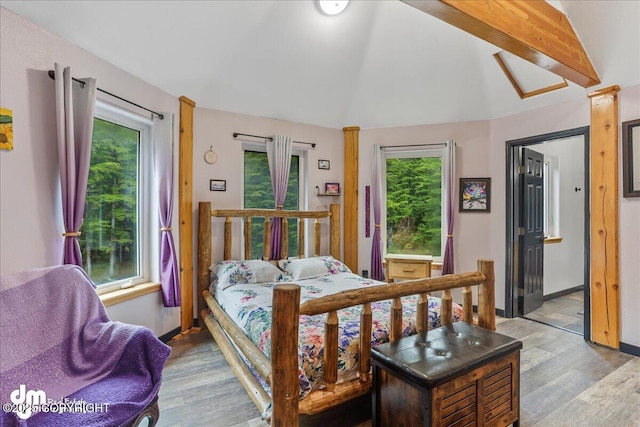 10912 Wolf Trail Cir, Seward, AK 99664 - bedroom featuring light wood-style floors, multiple windows, and vaulted ceiling