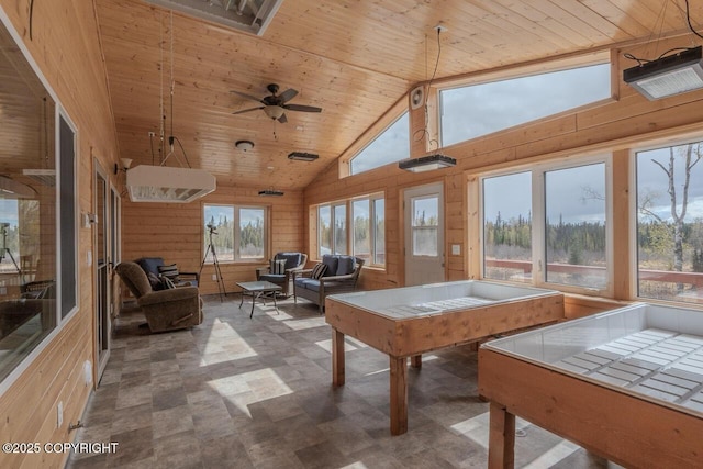 575 Pace St, Soldotna, AK 99669 - recreation room featuring wooden ceiling, wooden walls, high vaulted ceiling, a ceiling fan, and tile patterned floors
