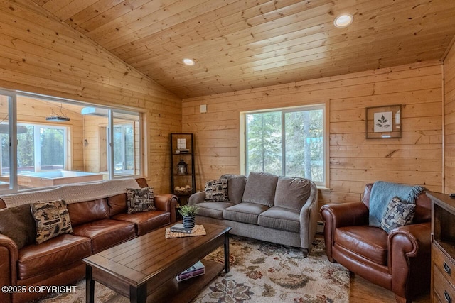 575 Pace St, Soldotna, AK 99669 - living area featuring vaulted ceiling, wood walls, wood ceiling, and recessed lighting