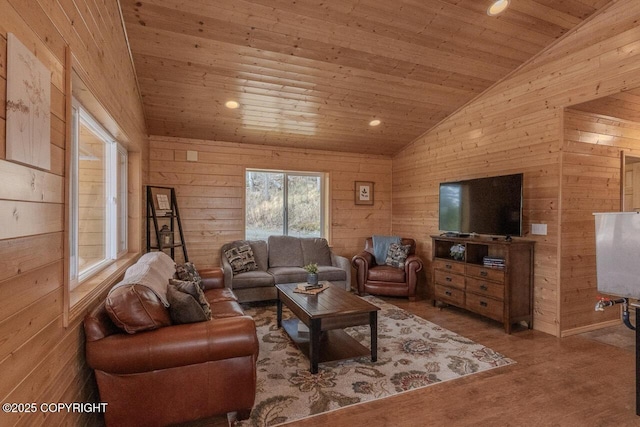 575 Pace St, Soldotna, AK 99669 - living room featuring vaulted ceiling, wooden ceiling, wooden walls, recessed lighting, and wood finished floors