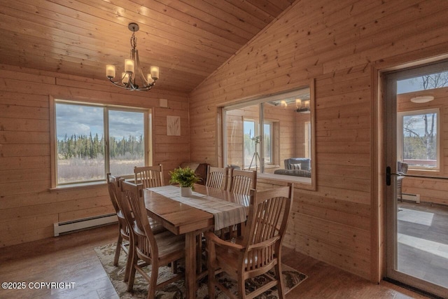 575 Pace St, Soldotna, AK 99669 - dining room with a baseboard radiator, lofted ceiling, a chandelier, wooden walls, and wood finished floors