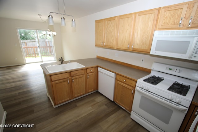 11725 Birch Knoll Loop, Anchorage, AK 99515 - kitchen with white appliances, a peninsula, dark wood-style floors, and a chandelier