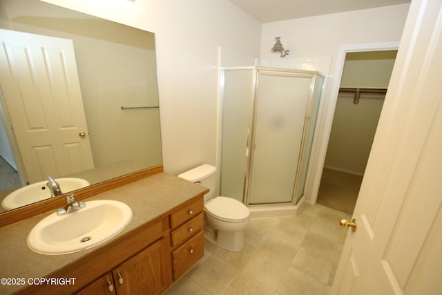 11725 Birch Knoll Loop, Anchorage, AK 99515 - bathroom featuring a shower stall, vanity, a walk in closet, and tile patterned flooring