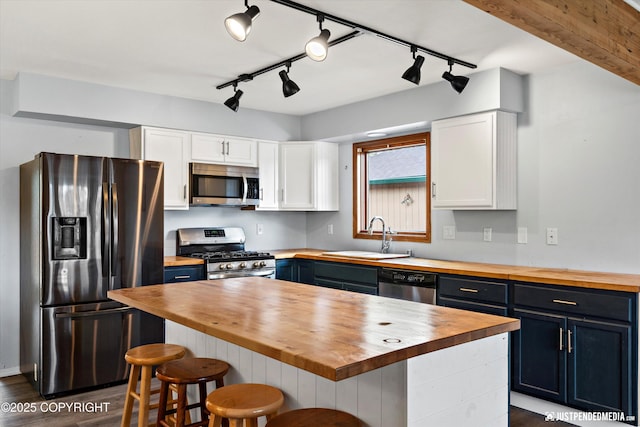 3810 Midvale Cir, Anchorage, AK 99507 - kitchen featuring wooden counters, appliances with stainless steel finishes, a sink, and track lighting
