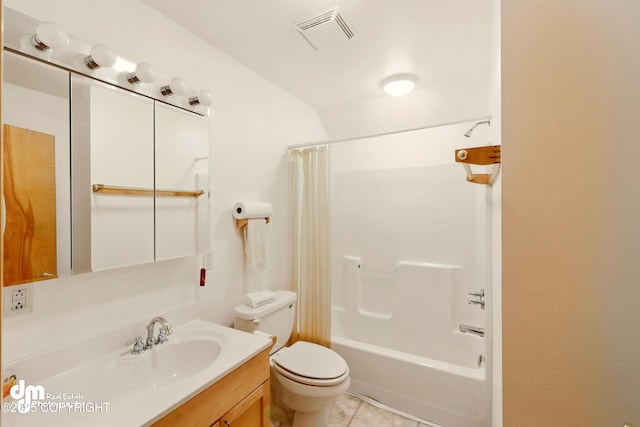 29425 Fools Gold St, Soldotna, AK 99669 - bathroom featuring toilet, vanity, shower / bath combination with curtain, and tile patterned flooring