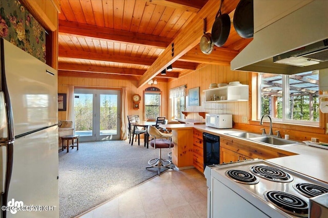 8266 S Big Lake Rd, Big Lake, AK 99652 - kitchen featuring white appliances, a sink, wooden ceiling, plenty of natural light, and beamed ceiling