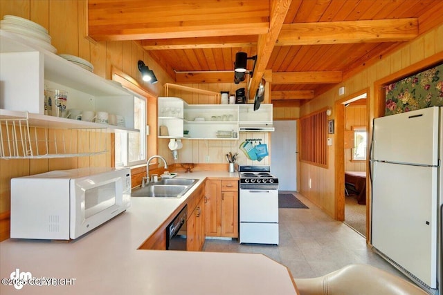 8266 S Big Lake Rd, Big Lake, AK 99652 - kitchen featuring white appliances, wooden walls, open shelves, a sink, and wood ceiling