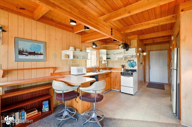 8266 S Big Lake Rd, Big Lake, AK 99652 - kitchen with white appliances, a sink, open shelves, wooden ceiling, and wooden walls