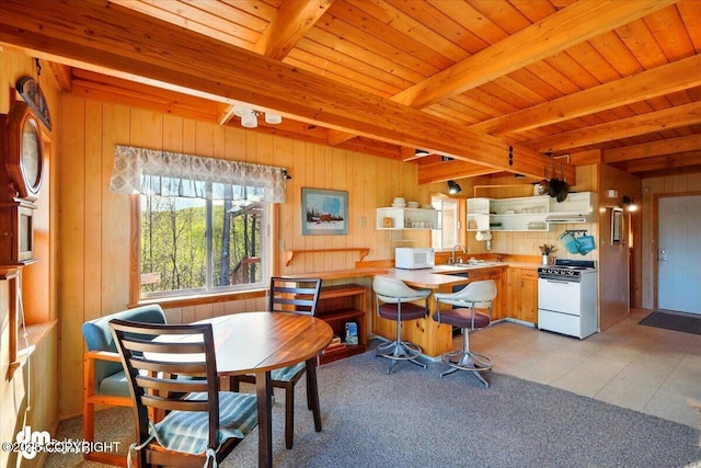 8266 S Big Lake Rd, Big Lake, AK 99652 - dining space with wood walls, beamed ceiling, and wooden ceiling