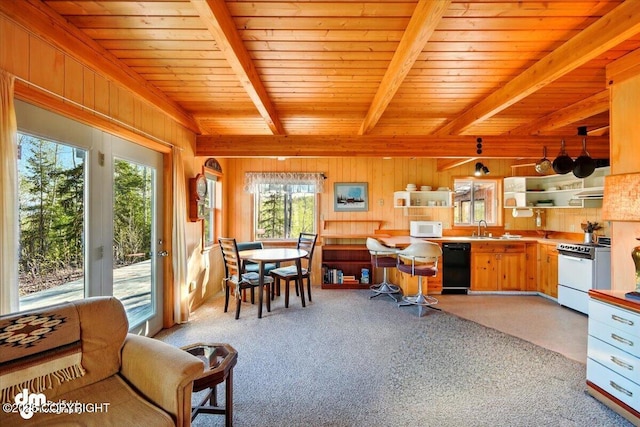 8266 S Big Lake Rd, Big Lake, AK 99652 - kitchen featuring white appliances, beamed ceiling, healthy amount of natural light, wood ceiling, and open shelves
