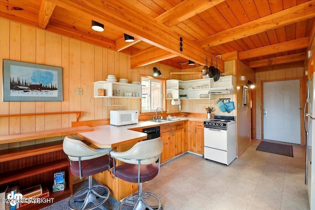 8266 S Big Lake Rd, Big Lake, AK 99652 - kitchen with white appliances, open shelves, wooden ceiling, a sink, and wood walls