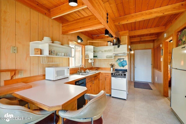 8266 S Big Lake Rd, Big Lake, AK 99652 - kitchen featuring white appliances, a sink, wood ceiling, open shelves, and wooden walls