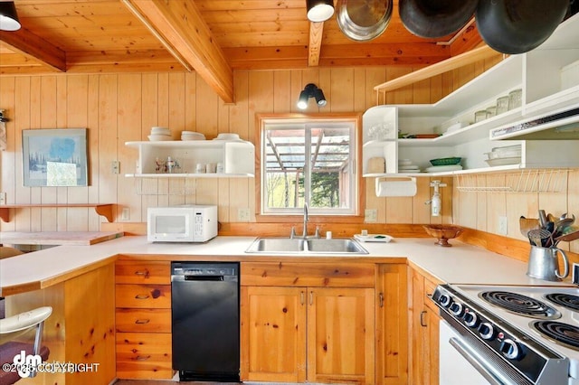 8266 S Big Lake Rd, Big Lake, AK 99652 - kitchen featuring white appliances, open shelves, a sink, wooden ceiling, and beam ceiling