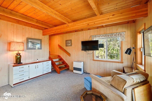 8266 S Big Lake Rd, Big Lake, AK 99652 - sitting room with beam ceiling, carpet, wooden ceiling, and wood walls