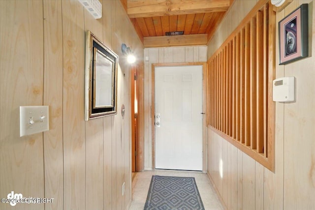 8266 S Big Lake Rd, Big Lake, AK 99652 - entryway with wood walls, wood ceiling, and beam ceiling