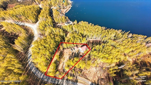 8266 S Big Lake Rd, Big Lake, AK 99652 - aerial overview of property's location with property parcel outlined and a large body of water