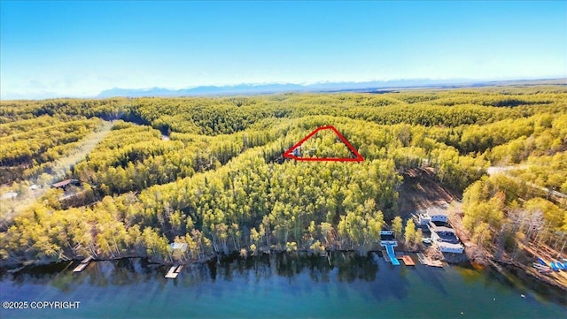 8266 S Big Lake Rd, Big Lake, AK 99652 - aerial overview of property's location with a forest, property boundaries highlighted, and a large body of water