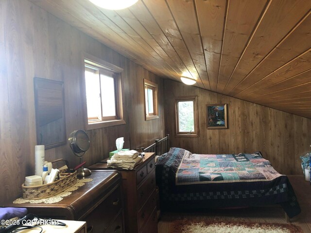 35290 Fisherman Rd, Soldotna, AK 99669 - bedroom featuring wooden walls, wooden ceiling, and vaulted ceiling