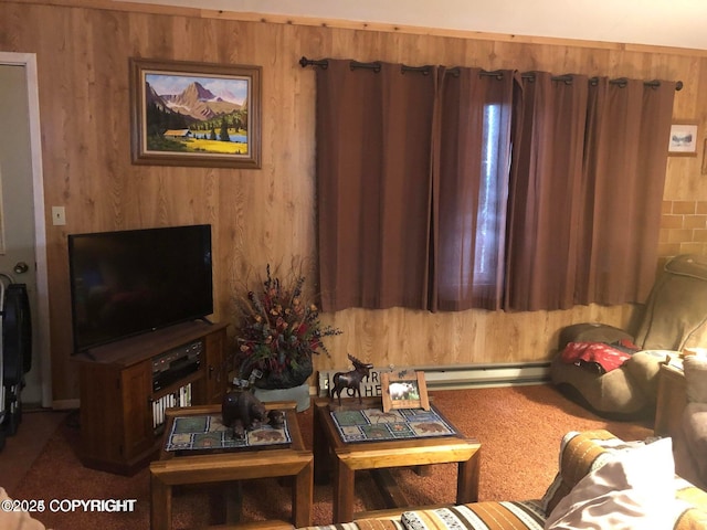 35290 Fisherman Rd, Soldotna, AK 99669 - living area featuring wooden walls, baseboard heating, and carpet