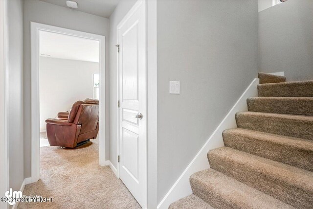 3412 Red Rock Ct, Anchorage, AK 99502 - stairway featuring carpet floors and baseboards