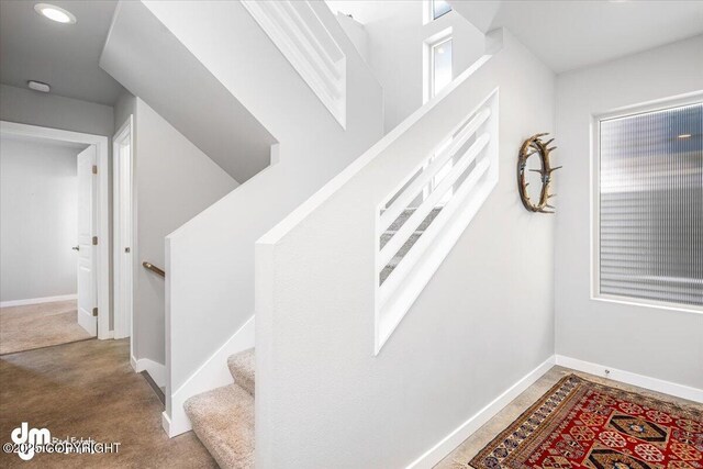 3412 Red Rock Ct, Anchorage, AK 99502 - stairway featuring carpet floors and baseboards