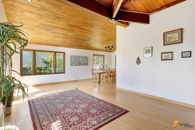 living area with wooden ceiling, wood finished floors, and baseboards