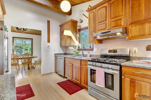 kitchen with appliances with stainless steel finishes, under cabinet range hood, light stone countertops, light wood finished floors, and a sink
