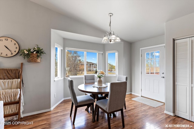dining space featuring a notable chandelier, a healthy amount of sunlight, and wood finished floors